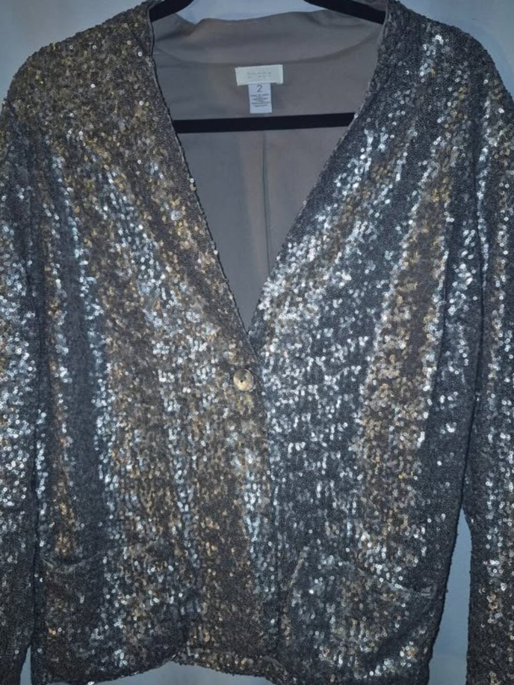 Chico's Metallic Pewter/Silver Sequin Blazer Jacket